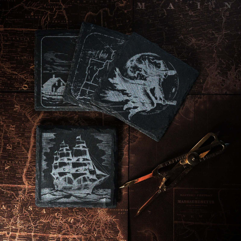 Image depicts and old sailing ship engraved on a slate coaster.