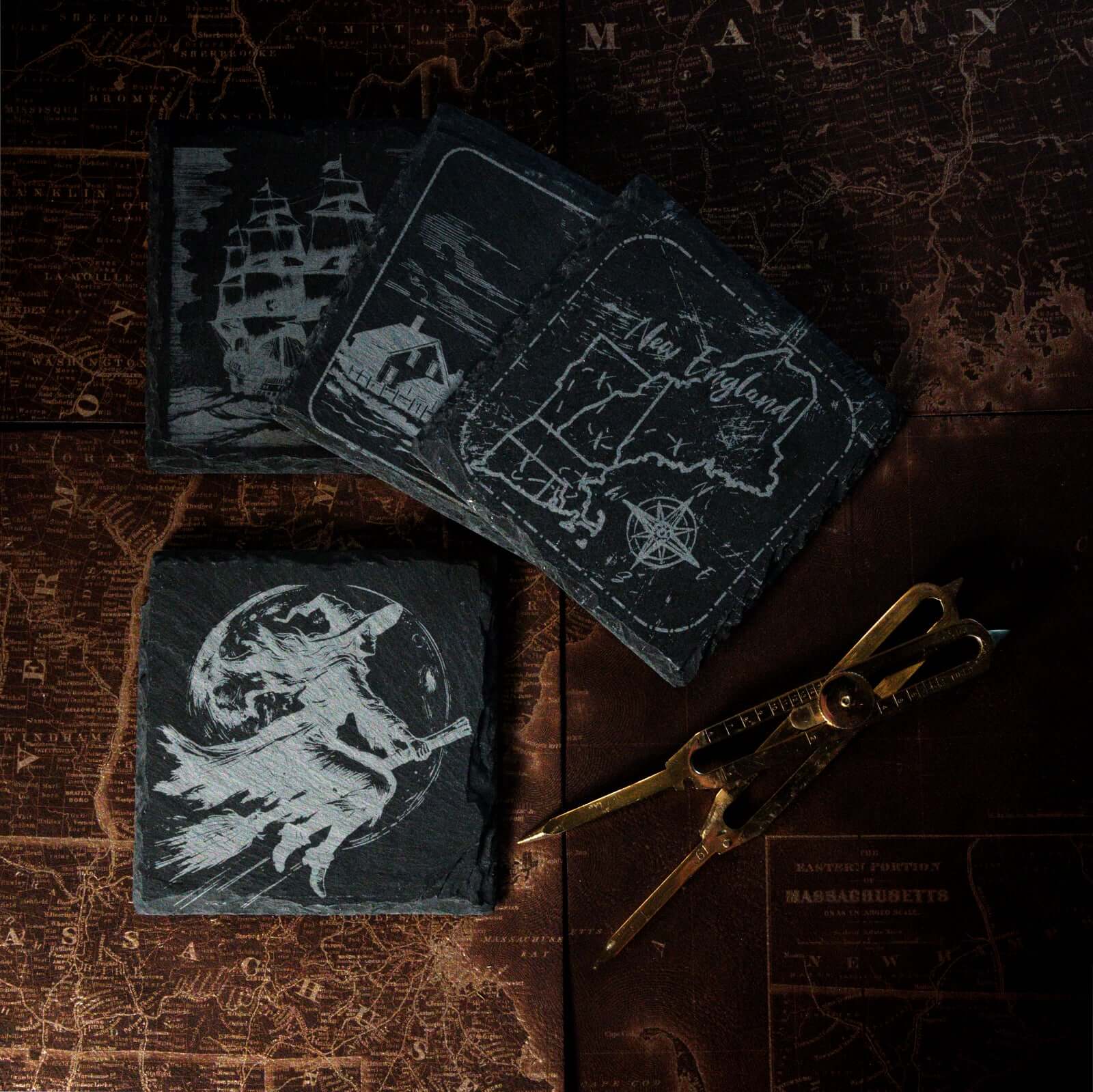 Image depicts a slate coaster with engraved witch on it.